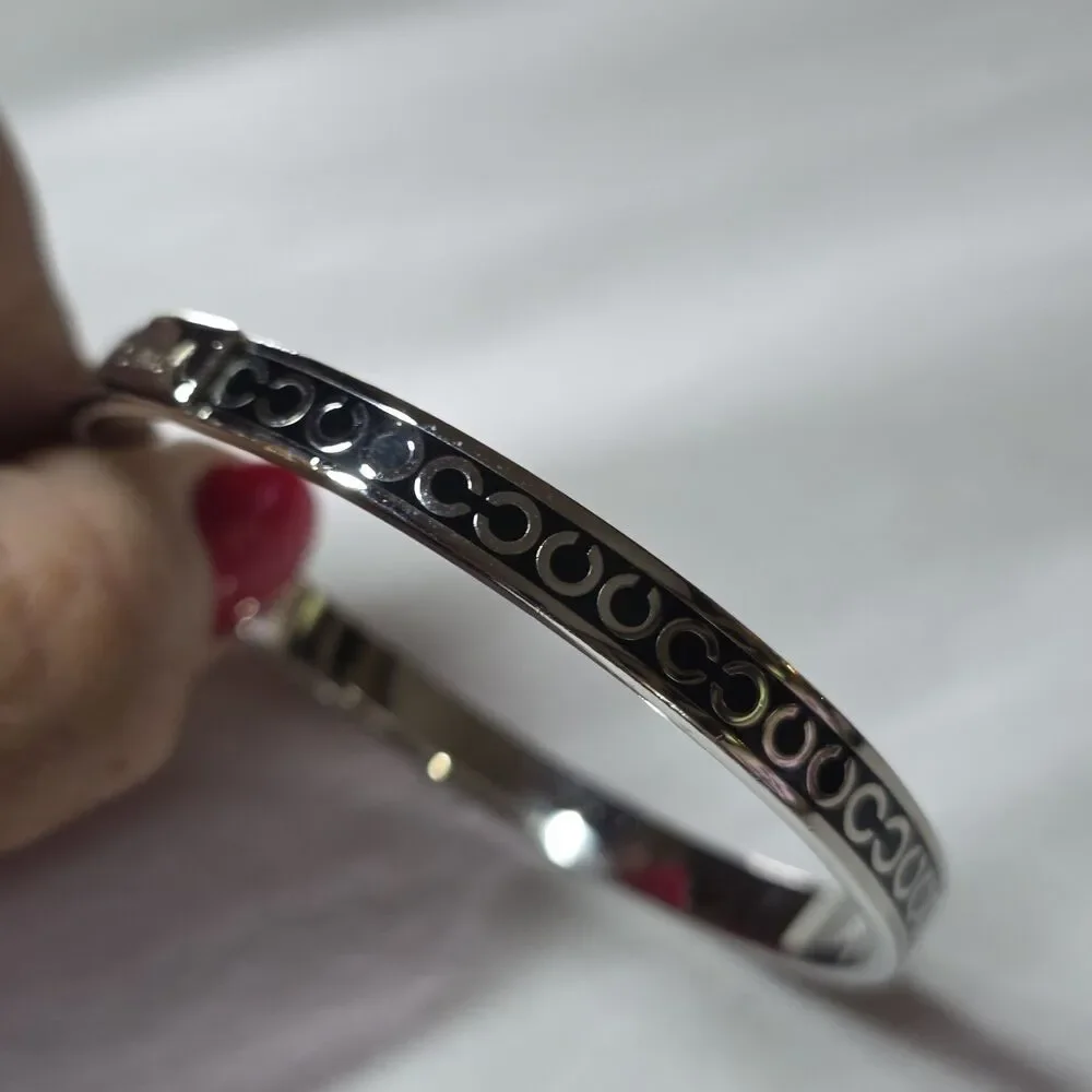 Coach Signature Logo Black Silver Rhinestone Bangle Bracelet Signed